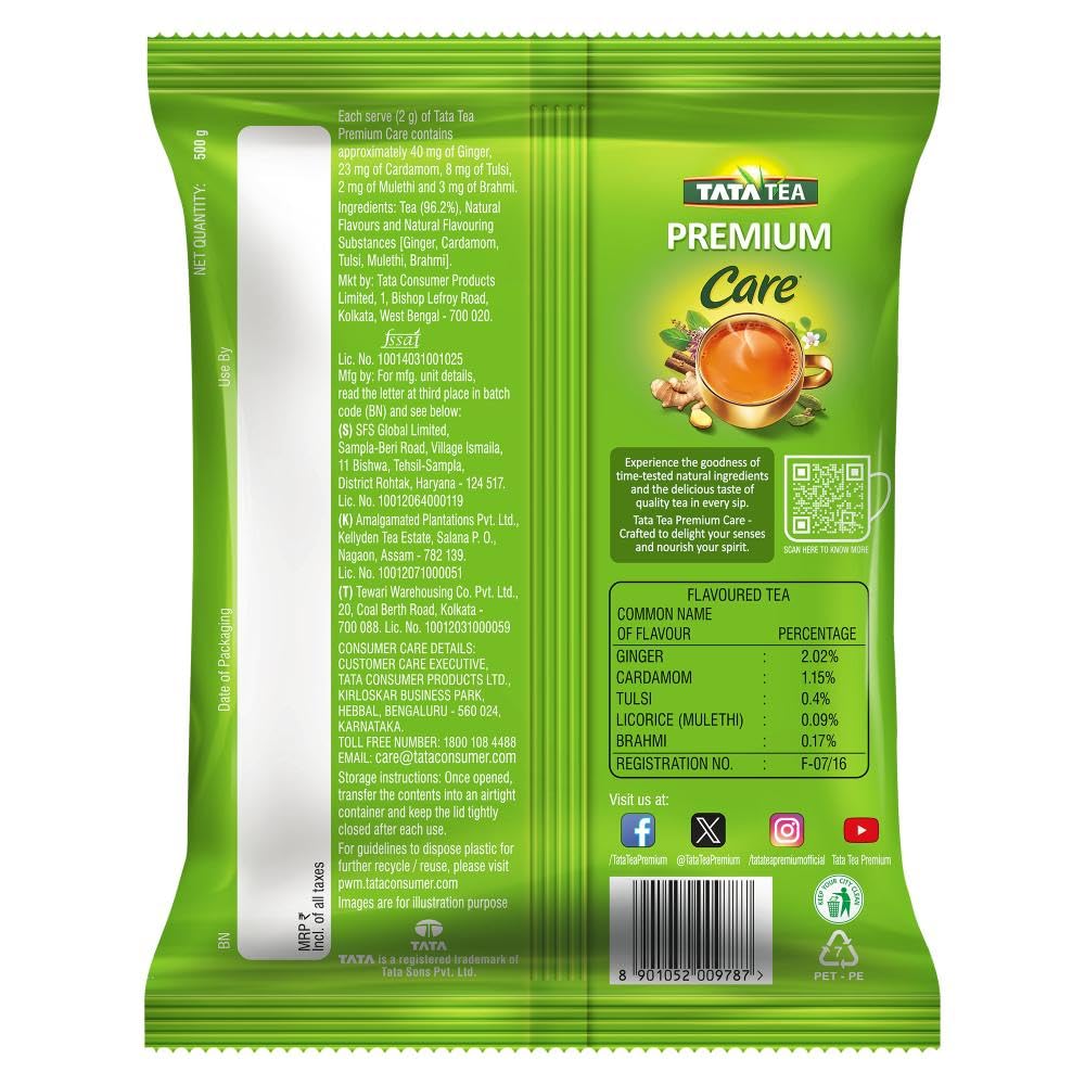 Tata Tea Premium Care 500g Black Tea, Delicious Tea with Goodness of Tulsi, Mulethi, Ginger, Brahmi & Elaichi, Trusted Quality, Loose Leaves