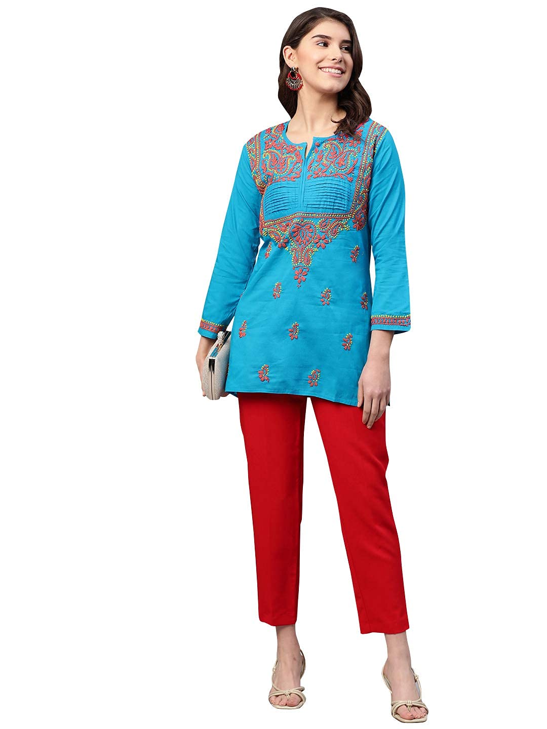 Ada Women's  Cotton Top Hand Embroidered Lucknowi Chikankari Tunic Kurti
