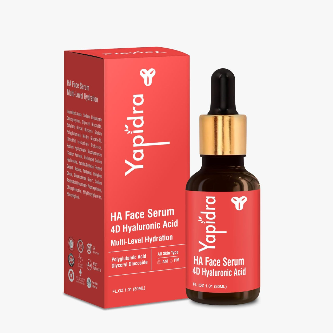 Yapidra HA Face Serum for Glowing, Hydrated & Youthful Skin | 4D Hyaluronic Acid + Polyglutamic Acid + Glyceril Glucoside | Anti-Aging, Brightening, Plumping | All Skin Types | 30ml | Day & Night Use
