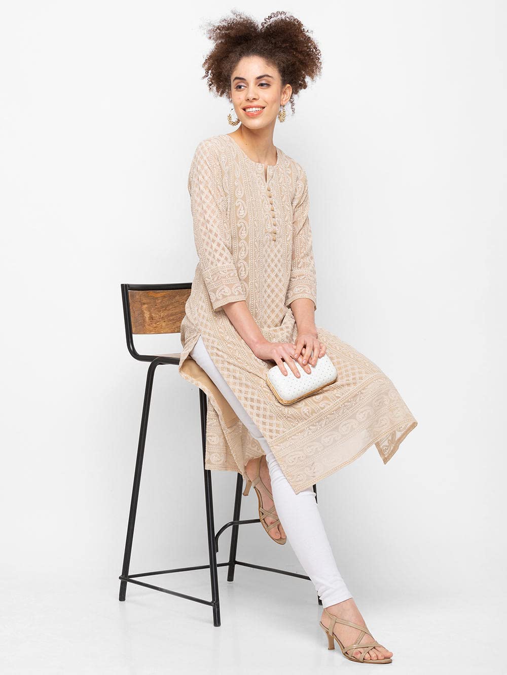 ZOLA Exclusive Georgette Round Neck with Full Sleeves and Calf Length Luckhnowi Chikan Kari Kurta with Button Placket on Yolk Ethnic Wear Straight Kurta for Women Pack of 1