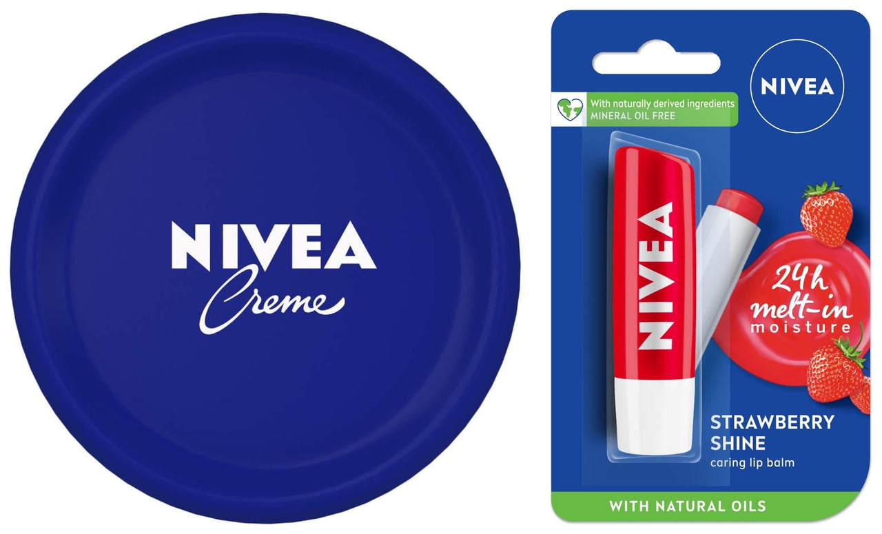 NIVEA Crème, All Season Multi-Purpose Cream, 200ml & NIVEA Lip Balm, Fruity Strawberry Shine, 4.8g
