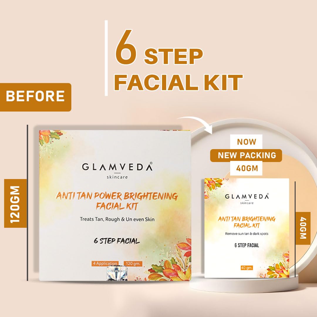 Glamveda Anti Tan Brightening Facial Kit | 6 Steps Facial | Removes Sun Tan & Dark Spots | Detans Skin For Instant Glow | For All Skin Types | 40gm