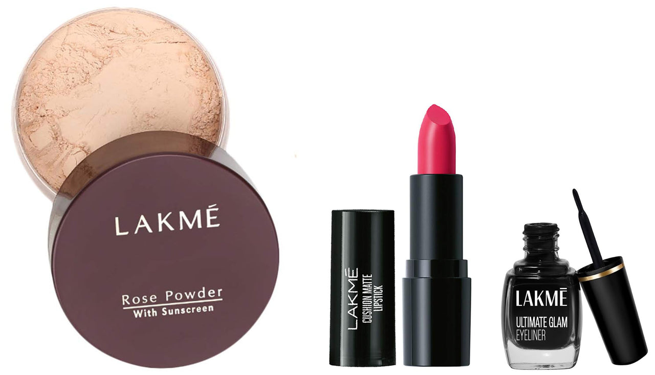 Lakmé Cushion Matte Lipstick & Lakmé Rose Loose Face Powder, Matte Finish & Lakmé Insta Eye Liner 9Ml, Black Semi Matte Eyeliner