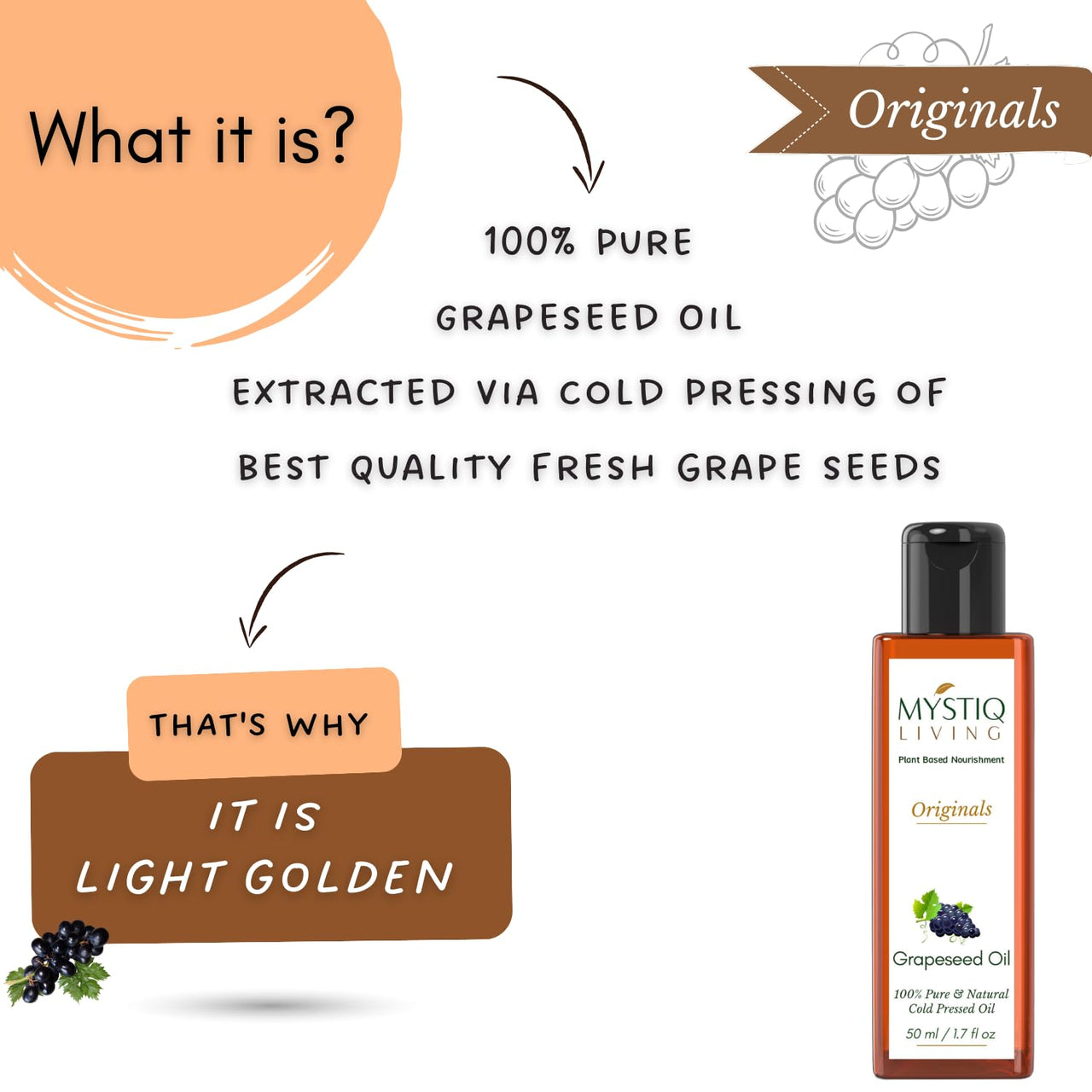 Mystiq Living Grapeseed Oil for Hair and Skin, Anti Ageing, Glowing Skin, Acne, Pimple - 50 ML | Cold Pressed, 100% Pure & Natural
