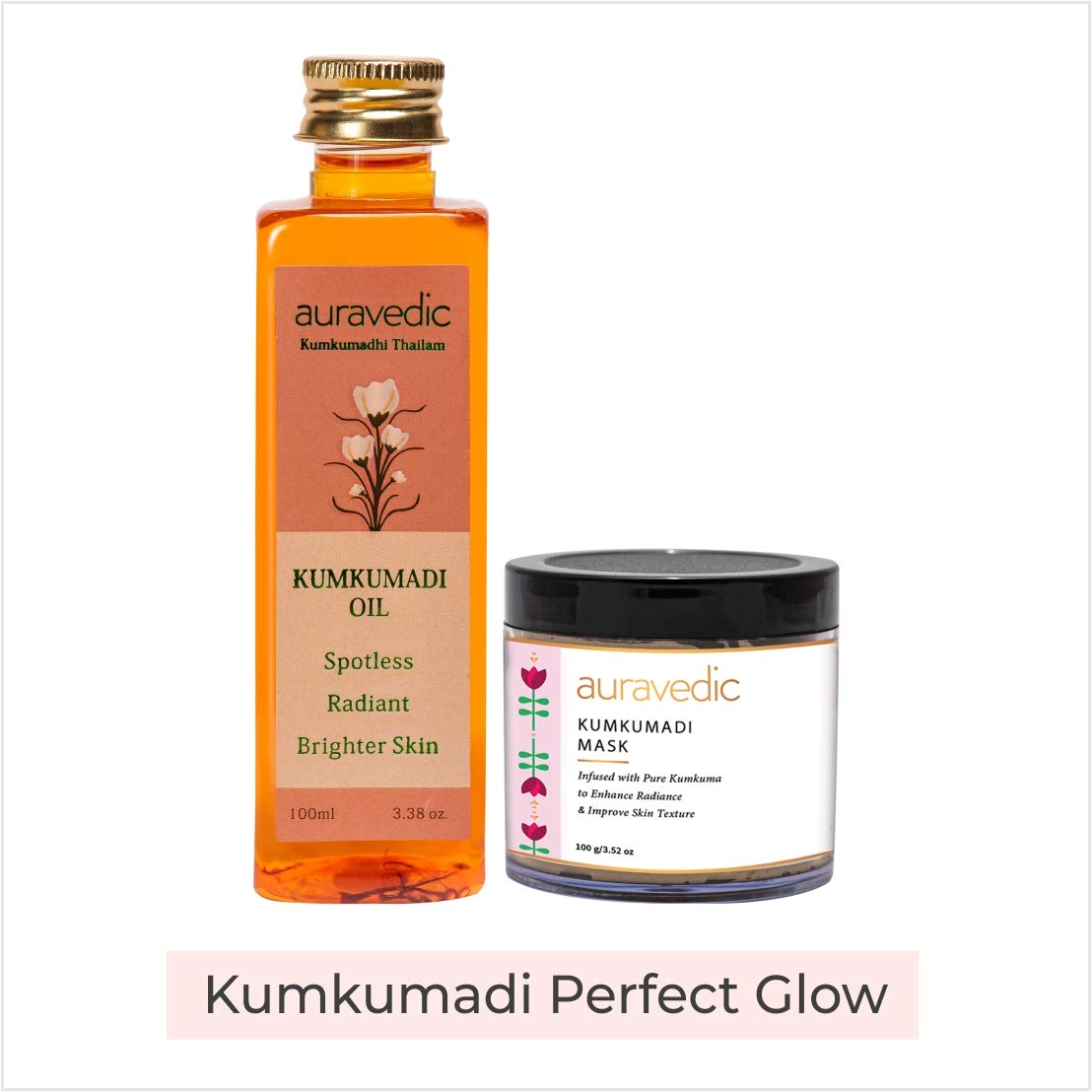 Auravedic Kumkumadi Face Care Duo – Ayurvedic Face Oil & Face Pack for Glowing, Even-Toned Skin (100ml + 100gm).