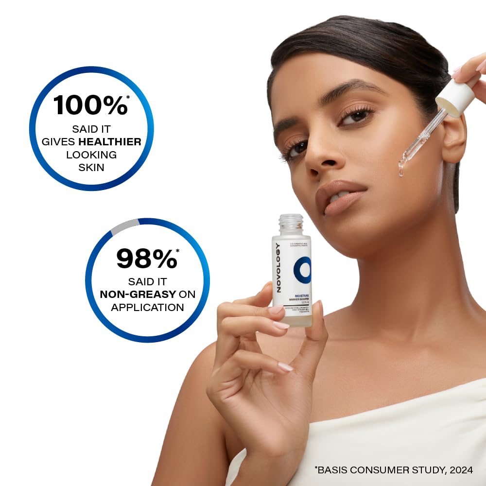 Novology Moisture Barrier Booster Serum with Hyaluronic Acid, Pro-Vitamin B5 & Pentavitin for 48 hours of Hydration | For Dry skin, Sensitive Skin | Non- Sticky | 28ml