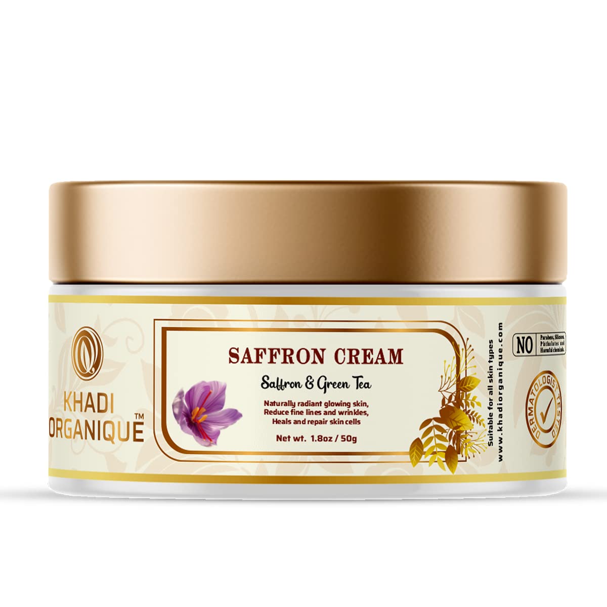 Khadi Organique Saffron Cream For Skin Tone, Rejuvenate Skin, Radiant Glow And Dark Spots (Paraben Free & No Harmful Chemicals) 50 gm