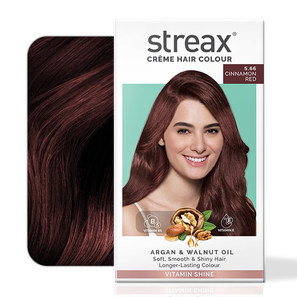 Streax Permanent Hair Colour, 100% Grey coverage, Infused with Argan and Walnut Oil, Long Lasting Cream Hair Colour for Women, Red Hair Colour, 5.66 Cinnamon Red, 120 ml, Pack of 1