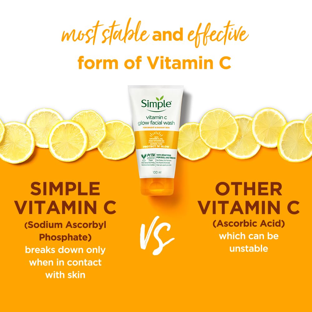 Simple Protect N Glow Vitamin C Glow Facial Wash 100ml | 100% Soap-Free Facewash | Bright & radiant skin| For dull & tired skin