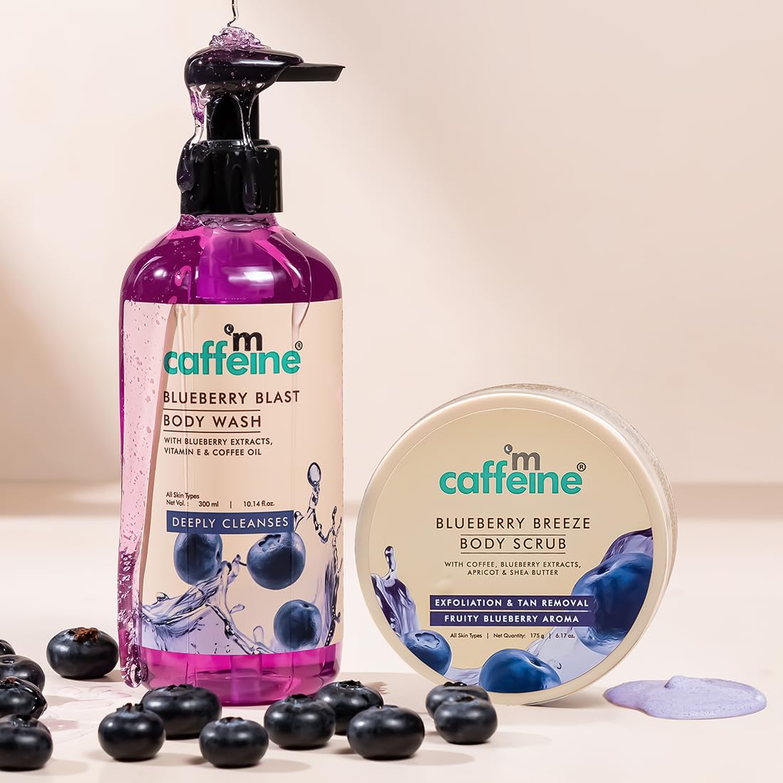 mCaffeine Blueberry Blast Detan & Cleanse Duo for Glowing Skin| Deep Cleanses, Exfoliates, Nourishes| Blueberry Body Wash - 300ml & Bluberry Scrub - 175 g | Fruity Blueberry Aroma for Men & Women
