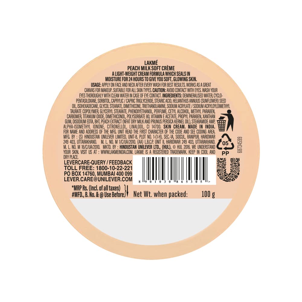 Lakmé Peach Milk Soft Crème Moisturizer for Face 100 g, Daily Lightweight Whipped Cream with Vitamin E for Soft, Glowing Skin - Non Oily 24h Moisture (Pack of 2)