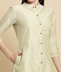 rangita Women Solid Embroidered Calf Length A Line Kurti with Sleeves Tabs