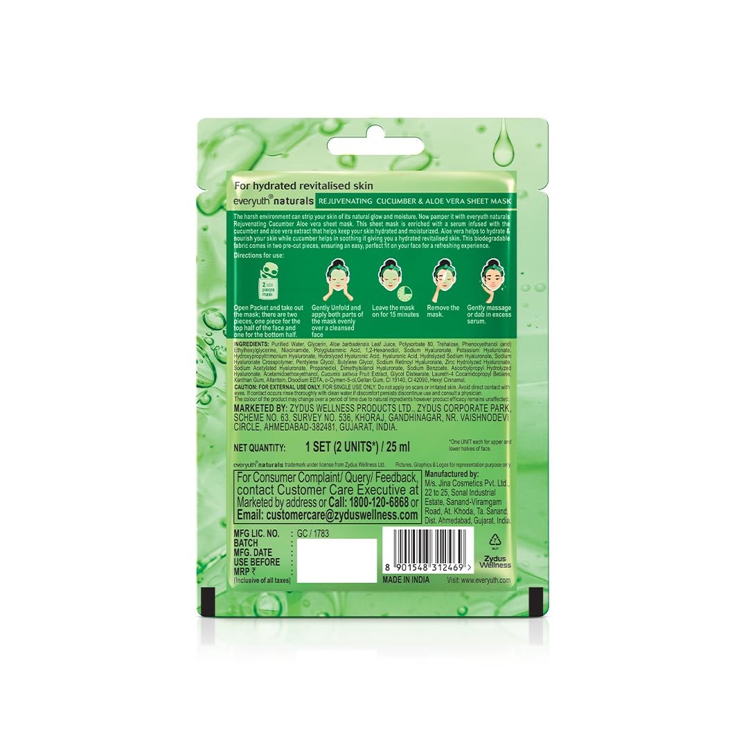 Everyuth Naturals Rejuvenating Cucumber & Aloe Vera Sheet Mask Pack of 3