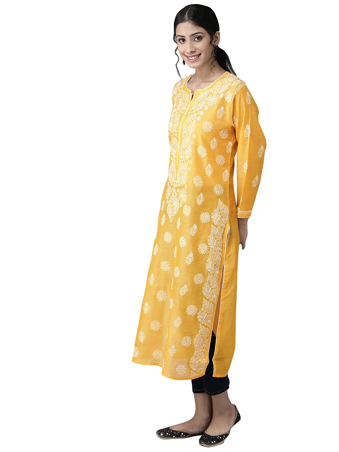 Ada Hand Embroidered New Lucknowi Chikankari Chanderi Kurta Kurti for Women A411175