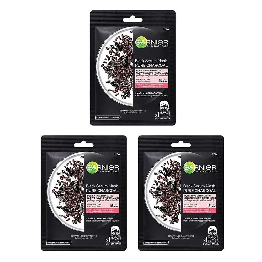 Garnier Skin Naturals, Face Masks, Hydrating, Purifying & Increases Glow, Black Serum Mask, 3 pc, 84g