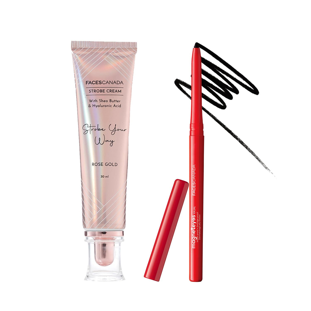 FACES CANADA Face & Eyes Duo| Strobe Cream - Rose Gold (30 ml) & Magneteyes Kajal - Black (0.35 gm) | Highlighter Glow | Waterproof & Smudgeproof
