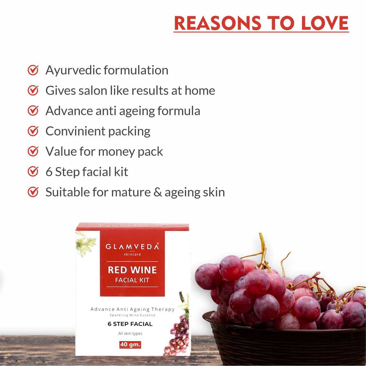 Glamveda Red Wine Advance Anti Ageing And Rice Water Brightening Facial Kit | 80 gm