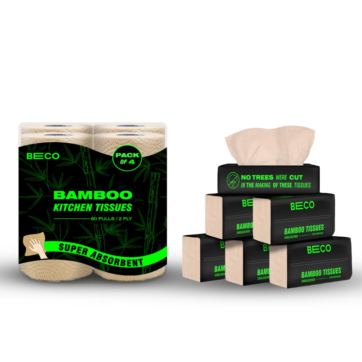 Beco Eco-Friendly Soft Facial Tissue & Kitchen Tissue Combo| Tissue Paper Box(100Pulls- Pack of 6) | Kitchen Tissue Roll (60Pulls-Pack of 4) | Super Absorbent, Unbleached, 100% Natural Chemical Free