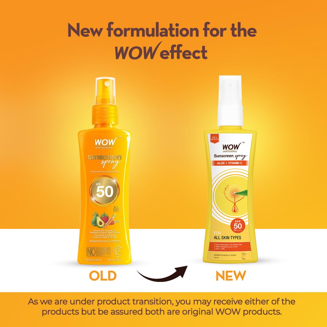 WOW Skin Science Sunscreen Spray | For All Skin Types| SPF 50 PA++++ | Brightens Skin | With Aloe Vera & Vitamin C| Lightweight | Quick Absorbing | UVA & UVB Protection | 100mL