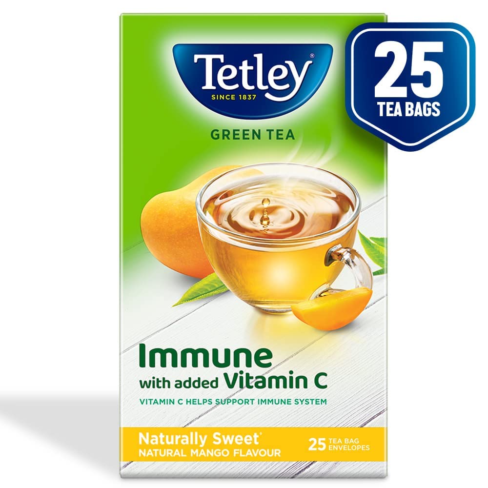 Tetley Green Tea Immune, With Added Vitamin C, Naturally Mango Flavour, 25 Tea Bags, 1.3gx25, 32 Grams