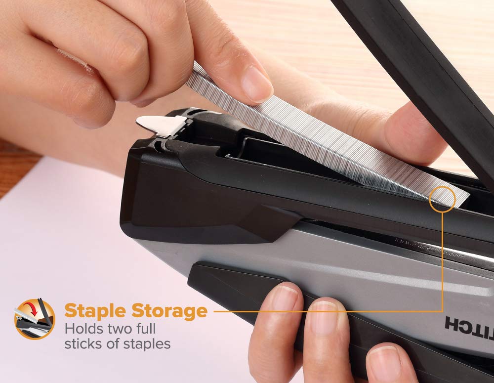 Bostitch Office Executive 3 in 1 Stapler, Includes 210 Staples and Integrated Staple Remover, One Finger Stapling, No Effort, 20 Sheet Capacity, Spring Powered Stapler, Black/Gray (INP20)
