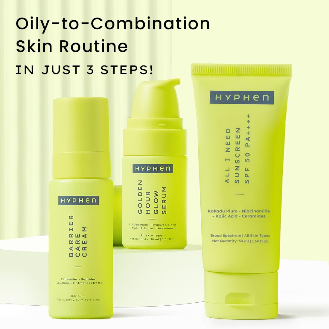 Hyphen Daily Face Care Regime for Combination & Oily Skin | 3 Step Facial Kit Routine with Face Serum, Face Cream & Sunscreen SPF 50 To Control Excess Oil & Improve Skin Barrier | Value Pack of 3