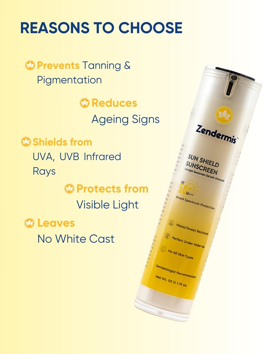 Zendermis Sun Shield Sunscreen, SPF 50 Ultralight Sun Screen Protection Gel Prevents Tanning, Pigmentation & Premature Aging, Water & Sweat Resistant, for All Skin Types [50 gms]