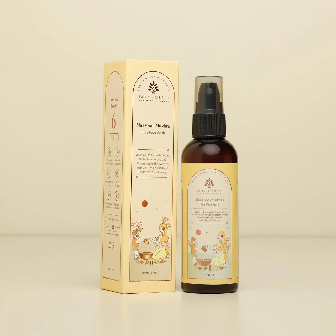 Baby Forest Maasoom Mukhra Ayurvedic Kids Face Wash | Mixture of 6 Ayurvedic Natural herbs, Essential Oils & Flowers | Vegan & Sulphate-Free | Derma Safe | Suitable for Age 2+ Years | 100 ml