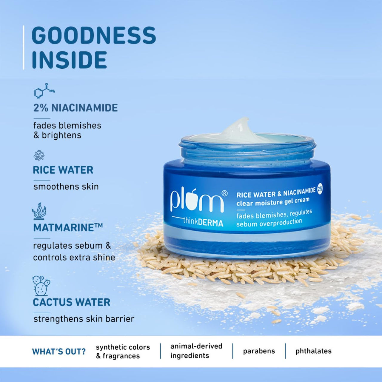 Plum 2% Niacinamide & Rice Water Superlight Gel Cream Moisturizer for Face | Oil-Free Hydration | Brightens, Fades Blemishes | Dermat-Tested | All Skin Types | Women & Men | 100% Vegan | 50 g