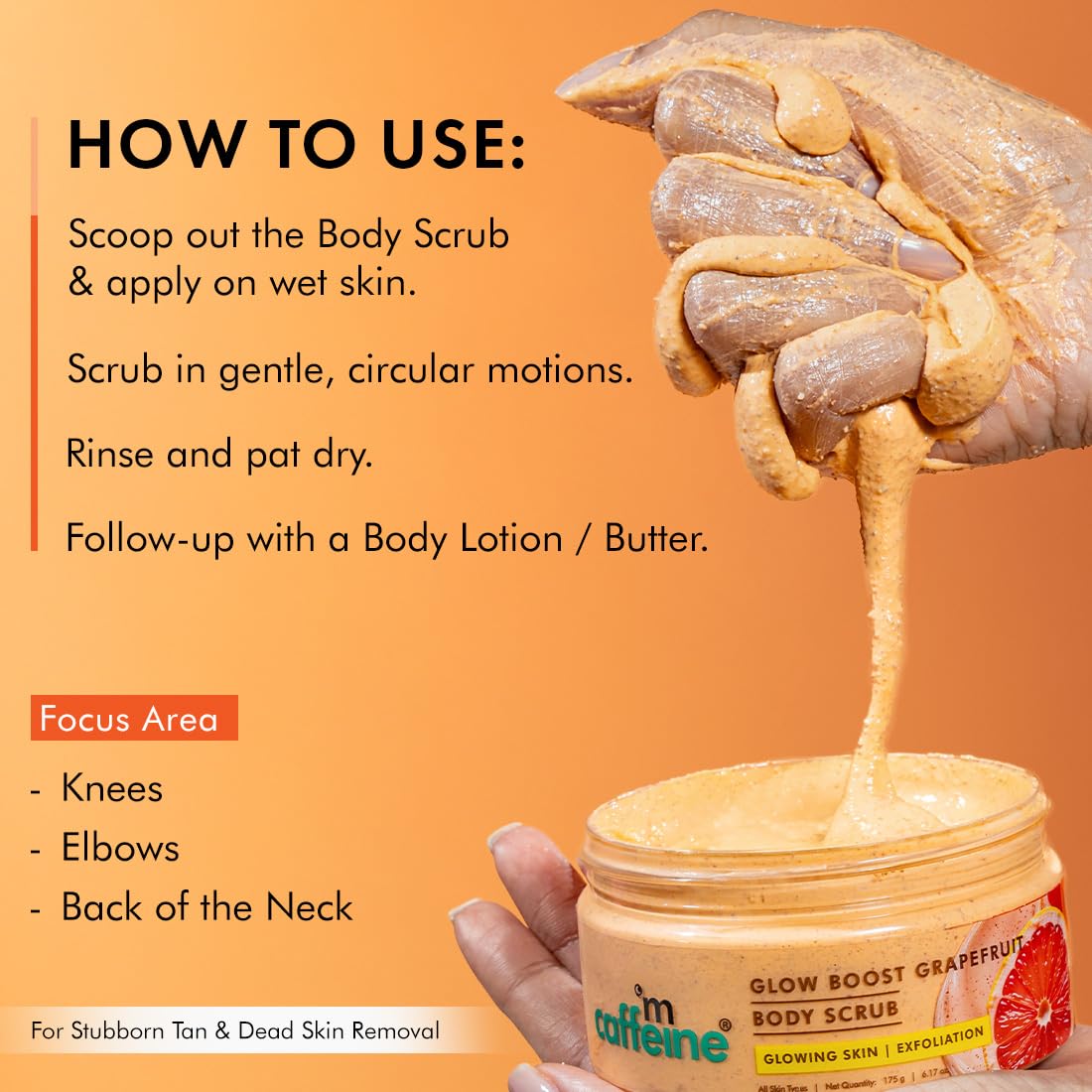 mCaffeine Glow Boost Grapefruit Body Scrub | Tan Removal | AHA- Lactic & Glycolic Acid, Niacinamide | Vitamin C Rich Grapefruit for Glowing, Soft & Smooth Skin | Remove Dry, Dead Skin | Fruity Grapferuit Aroma - 175g