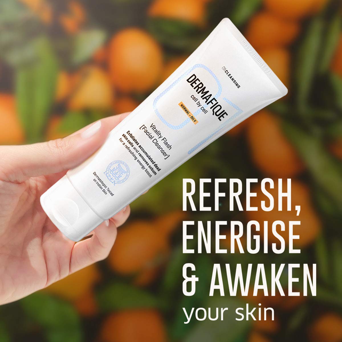 Dermafique Vitality Flash Facial Cleanser – 100ml, Orange Zest Extract Removes Sebum (Oil), Face Wash with Micro Pearls Exfoliator | Soap, Paraben & Alcohol Free | Dermatologist Tested