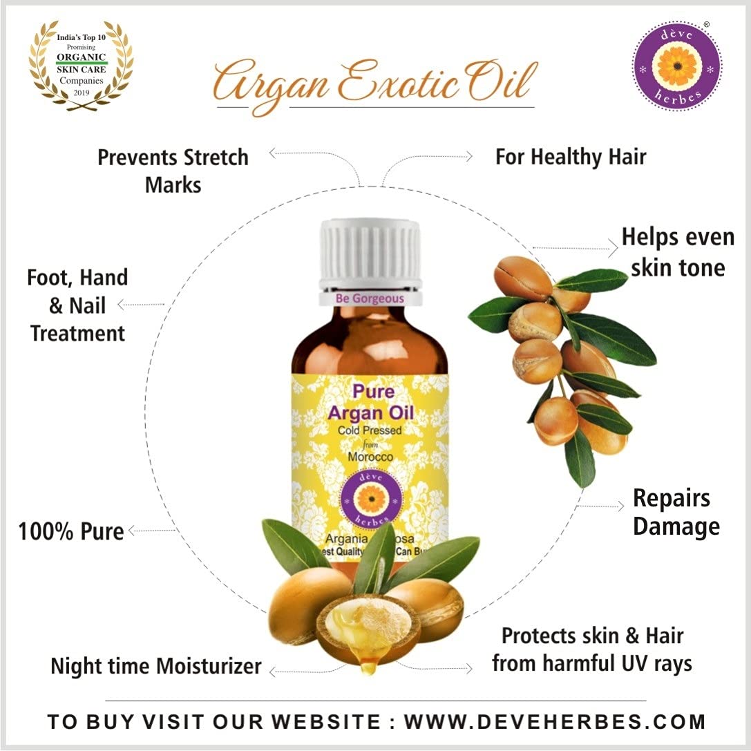 Deve Herbes Pure Argan (Moroccan) Oil (Argania spinosa) with internal Plastic Euro Dropper 100% Natural Therapeutic Grade Cold Pressed for Skin & Hair 50ml.