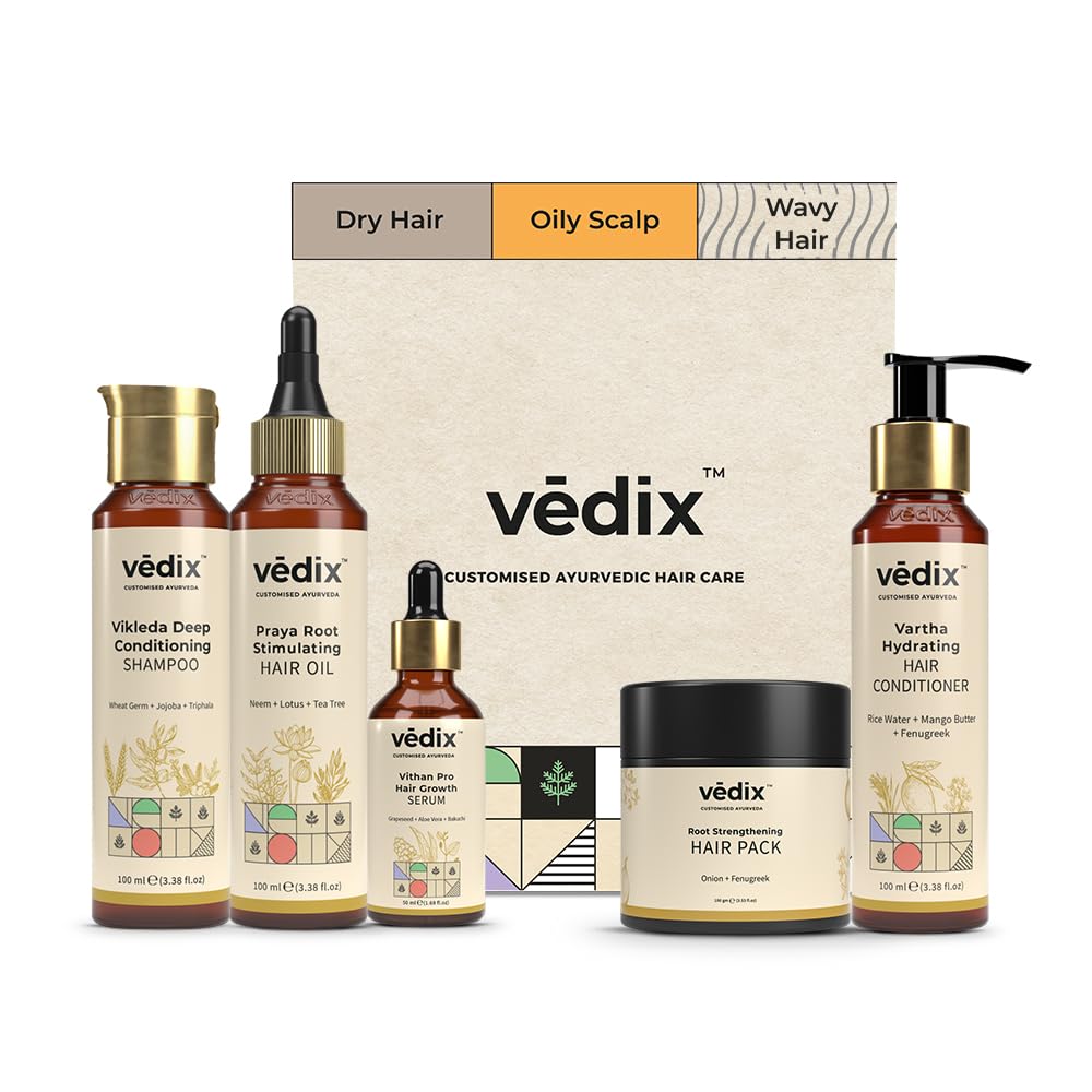 Vedix Ayurvedic Hair growth Kit | 5 product Kit | for Dry Hair, Dry Scalp, Wavy Hair | Vedix Hair Oil, Shampoo, Serum, Mask, Conditioner Set
