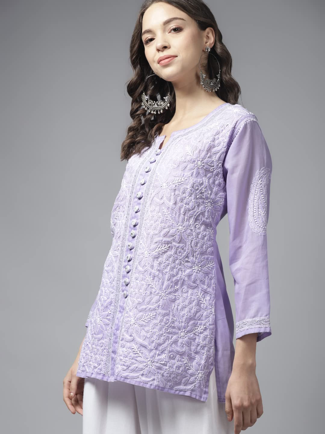 Ada Women's  Hand Embroidered Lucknowi Chikankari Cotton Straight Short Top Kurti A178625