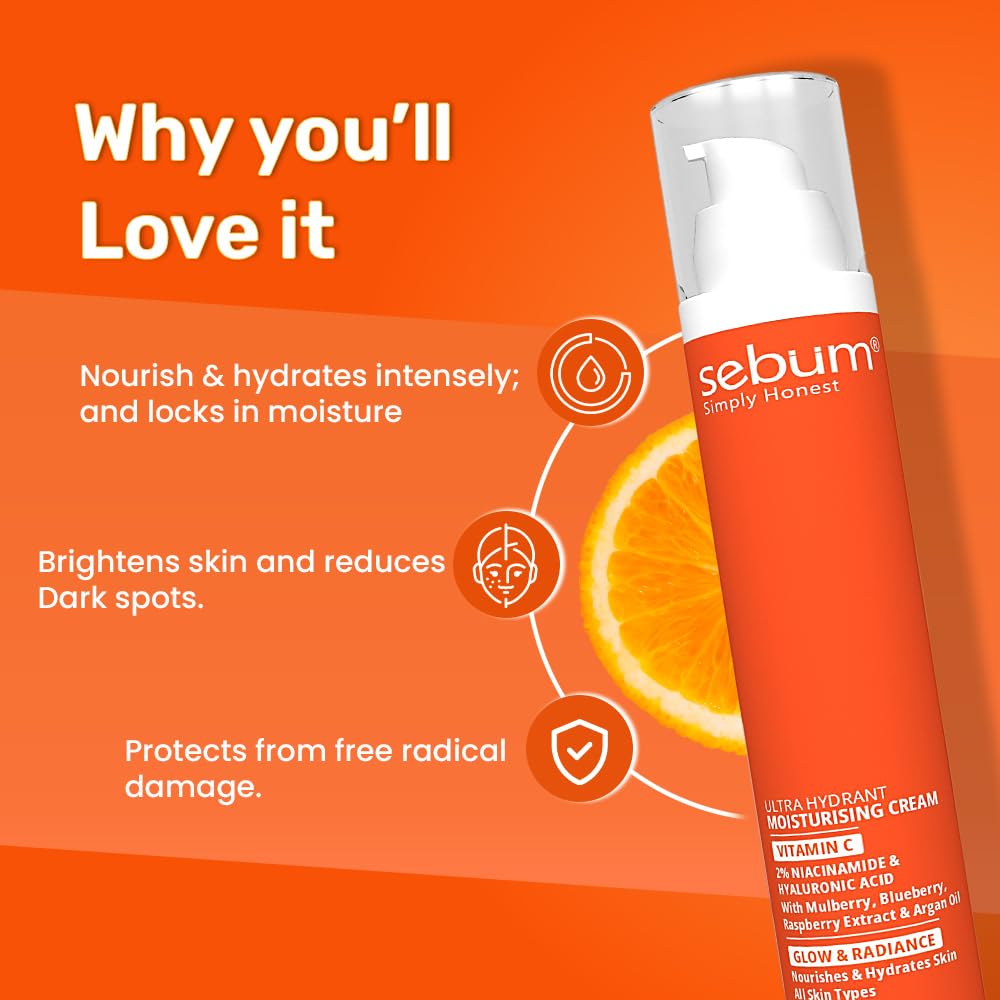SEBUM Ultra Hydrant Moisturising Cream | 7.5% Vitamin C + Blueberry, Mulberry, Raspberry Extract & Argan Oil | Brightening & Radiance Boost for Uneven Skin Tone, Dull Skin, Hyperpigmentation | Vegan & Paraben-Free | Dermatologically Tested