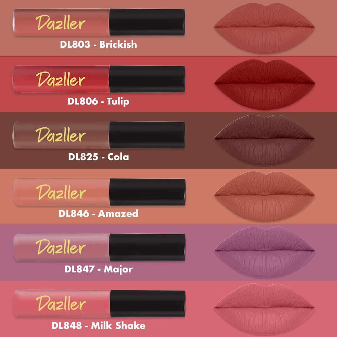 Dazller Lip Colour Lipstick Combo Pack of 6|Vibrant Matte Liquid Lipstick for Women|Long Stay|Smudge-Proof|Non-Transfer|Spicy Nudes|21.6g