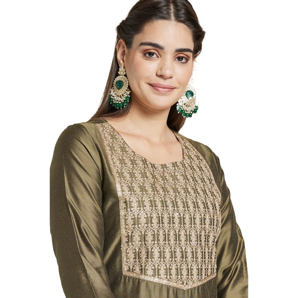 Kashish Women's  Viscose Embroidered Round Neck Straight Fit Kurta