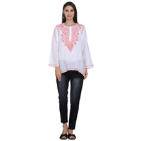 Paramount Women's  Chikankari Cotton White Straight Short Kurta Navy XS