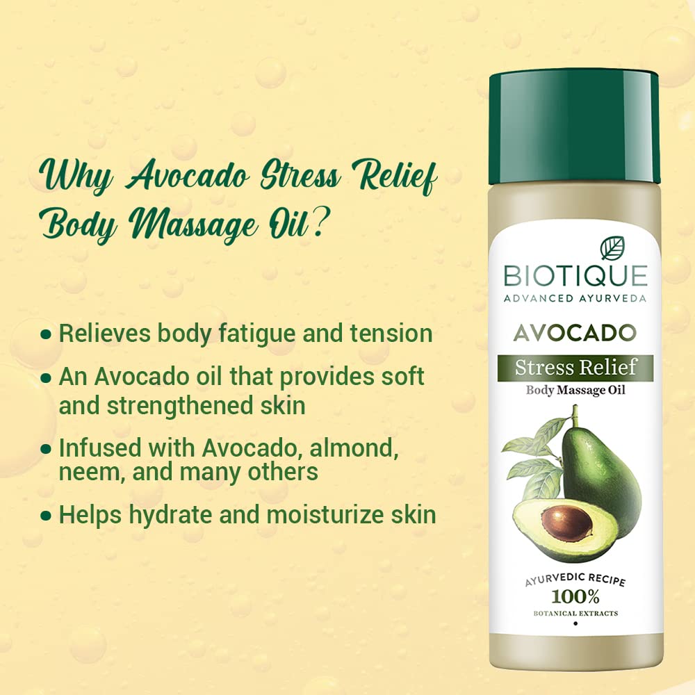 Biotique Cado Stress Relief Avocado Stress Relief Body Massage Oil | Heals and Hydrates dry skin | 100% Botanical Extracts | Suitable for All Skin Types | 200ml (Pack of 3)