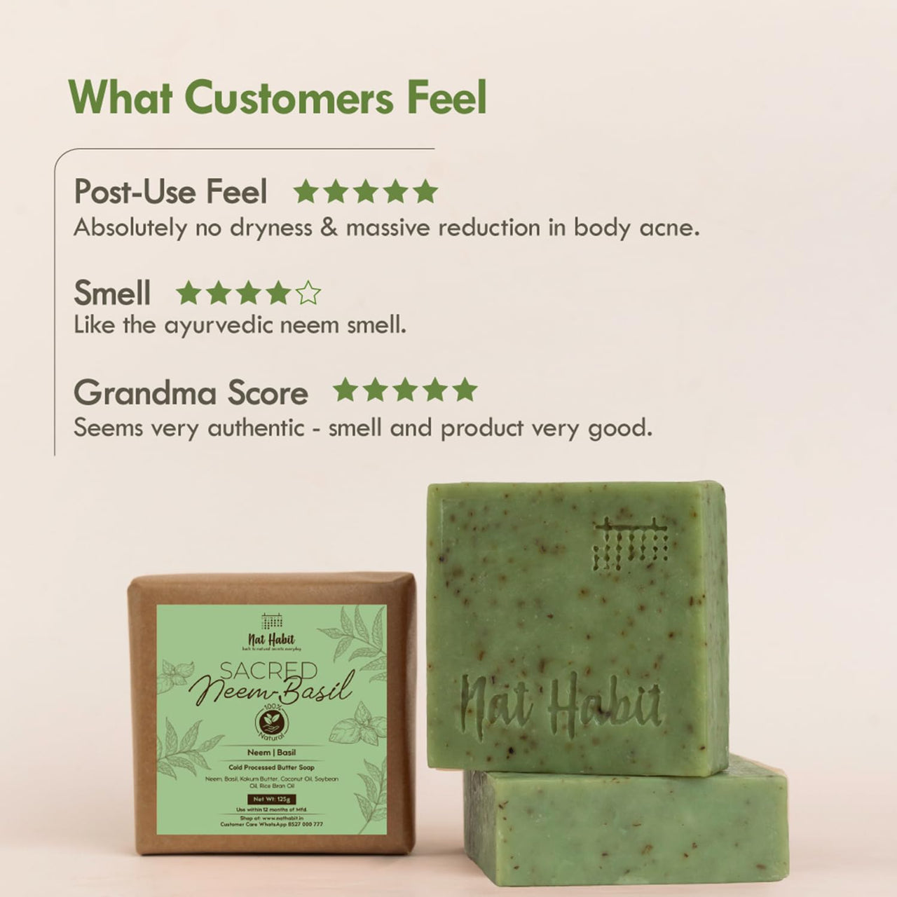 Nat Habit Cold Processed Sacred Neem-Basil Butter Bath Soap- Antibacterial For Soothing, Skin Wellness, Scar Reduction, Exfoliation & Tan Removal (125gm)