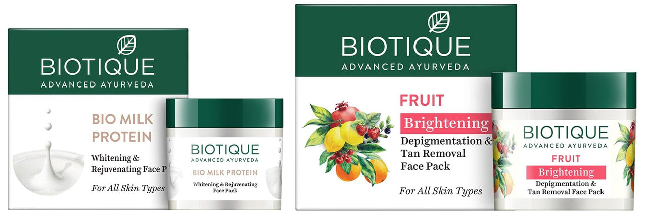 Biotique Bio Milk Protein Whitening & Rejuvenating Face Pack For All Skin Types, 50g & Bio Fruit Whitening & Depigmentation & Tan Removal Face Pack, 75g