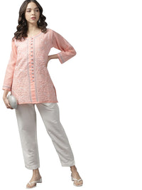 Ada Women's  Hand Embroidered Lucknowi Chikankari Cotton Straight Short Top Kurti A178625