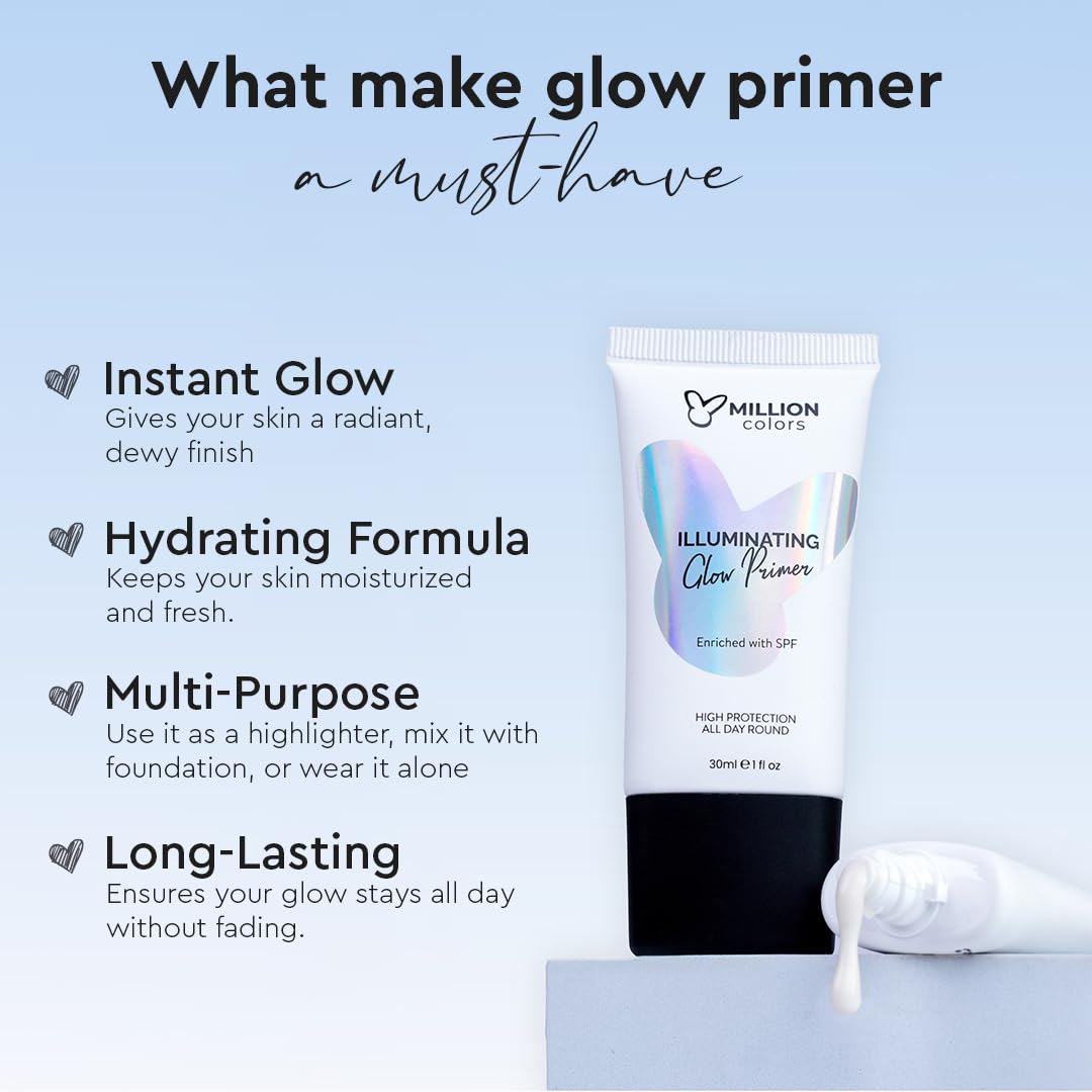 Million Colors Illuminating Strobe Cream for Face | Rose Gold Strobe Cream + Primer + Face Highlighter | Hydrating Makeup Base with SPF | Infused With Hyaluronic Acid, Niacinamide, Jojoba Oil & Shea Butter for Radiant Skin 30Ml