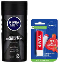 NIVEA Lip Balm, Fruity Strawberry Shine, 4.8g & Nivea Men Body Wash, Deep Impact, 3 In 1 Shower Gel For Body, Face & Hair, With Microfine Clay, 250 ml