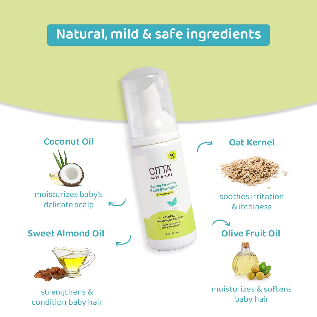 CITTA Gentle Foaming Baby Shampoo | Tear-Free & Dermatologist Approved | Prevents Cradle Cap | Natural Care with Coconut, Olive & Oats | Safe for Newborns & Kids (0-10 Years) | Now in 50ml