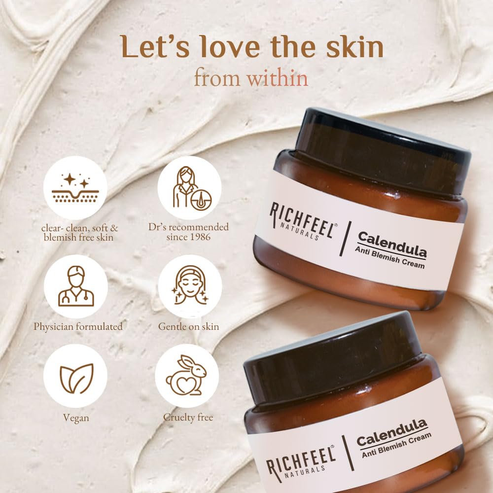 Richfeel Calendula Anti Blemish Overnight Cream | Power of Soothing Calendula & Clinically Potent Echinacea | For Skin prone to Acne, Blackheads & Pores | Physician Formulated | 50 g