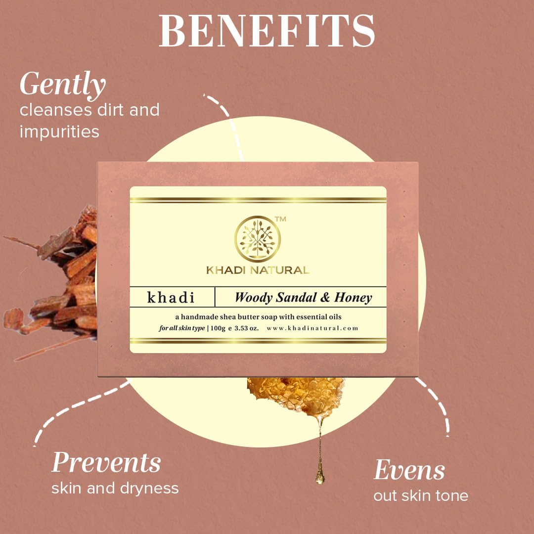 Khadi Natural Woody Sandal & Honey Soap| Even Outs Skin Tone| Makes Skin Glow | Suitable for All Skin | Pack of 3 | (100 * 3) (300 gm)