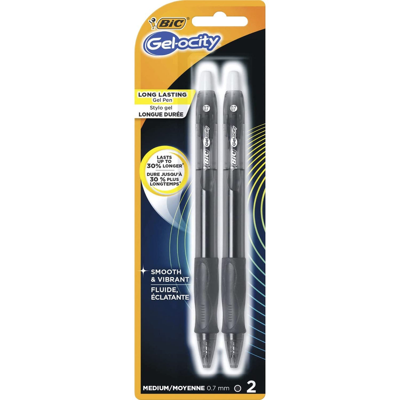 BIC Gelocity Original Black Gel Pens, Medium Point (0.7mm), 2-Count Pack, Retractable Gel Pens With Comfortable Grip