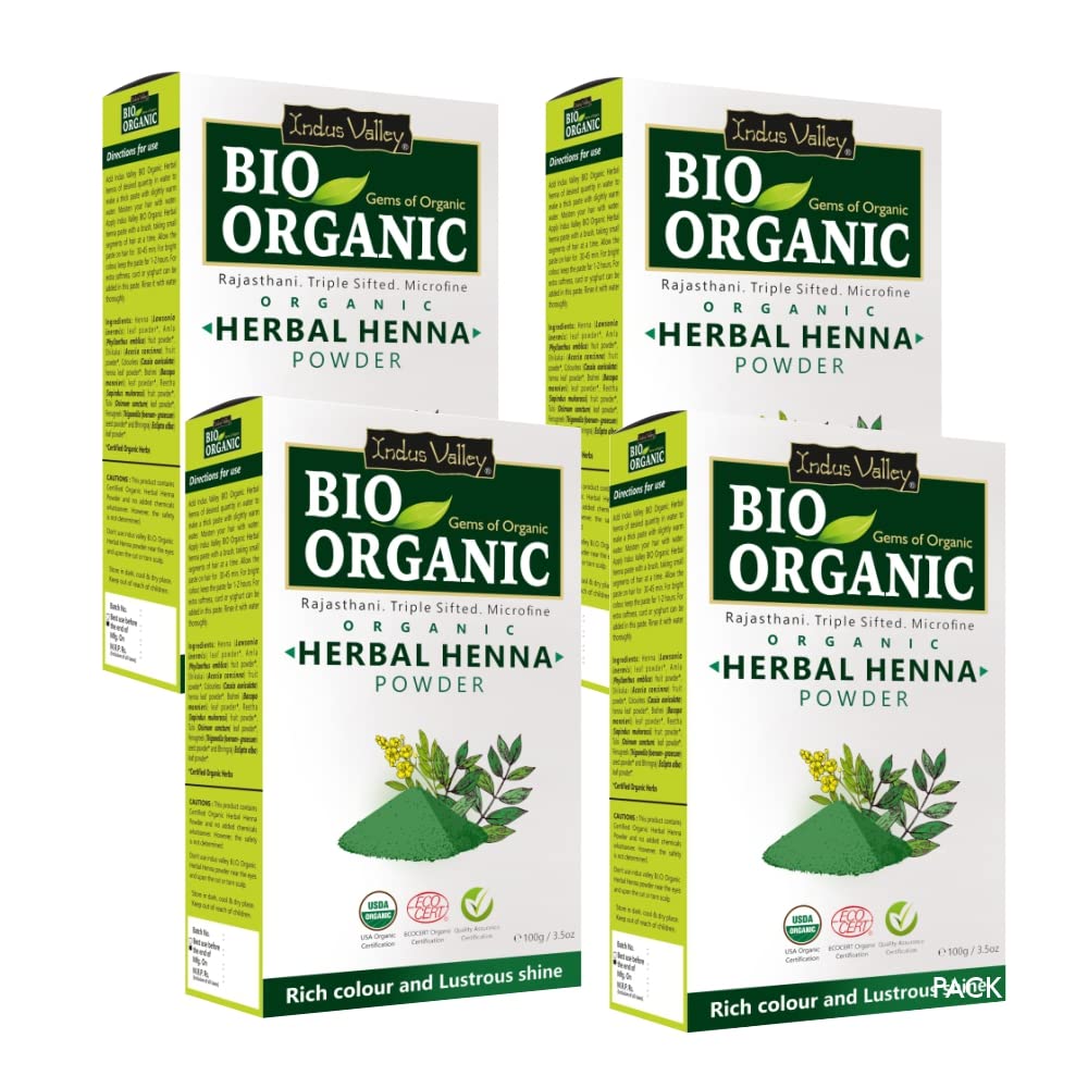 INDUS VALLEY Bio Organic Herbal Henna Powder, 100g*4=400g - Green
