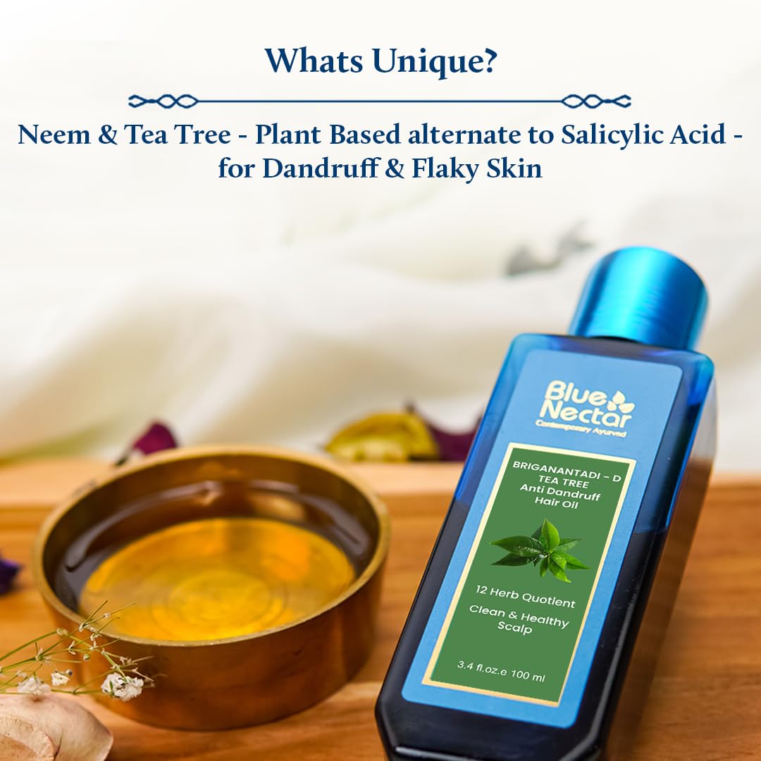 Blue Nectar Anti Dandruff Hair Oil with Neem & Tea Tree Hair Oil | Ayurvedic Non-Sticky Hair Oil for Dry Scalp and Dandruff | Plant Based Hair Oil for Men & Women (12 Herbs, 100ml)